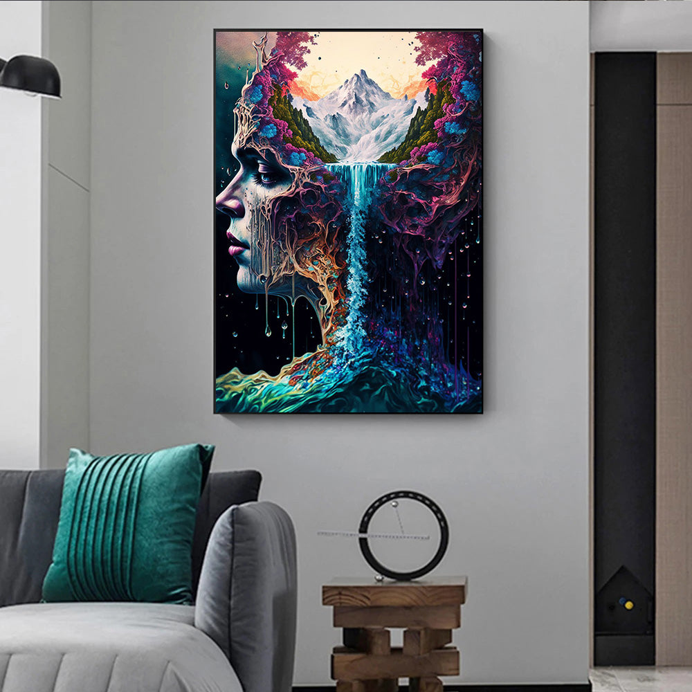 Nature Fantasy Canvas Painting Wall Art Abstract Woman Head And Water Poster