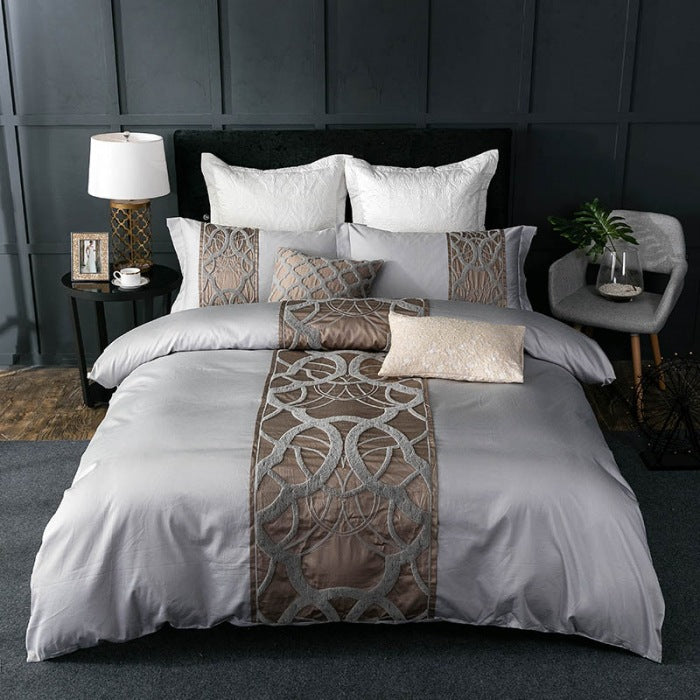 Chinese style Bedding, Light Luxury Cotton Embroidered Grey Series