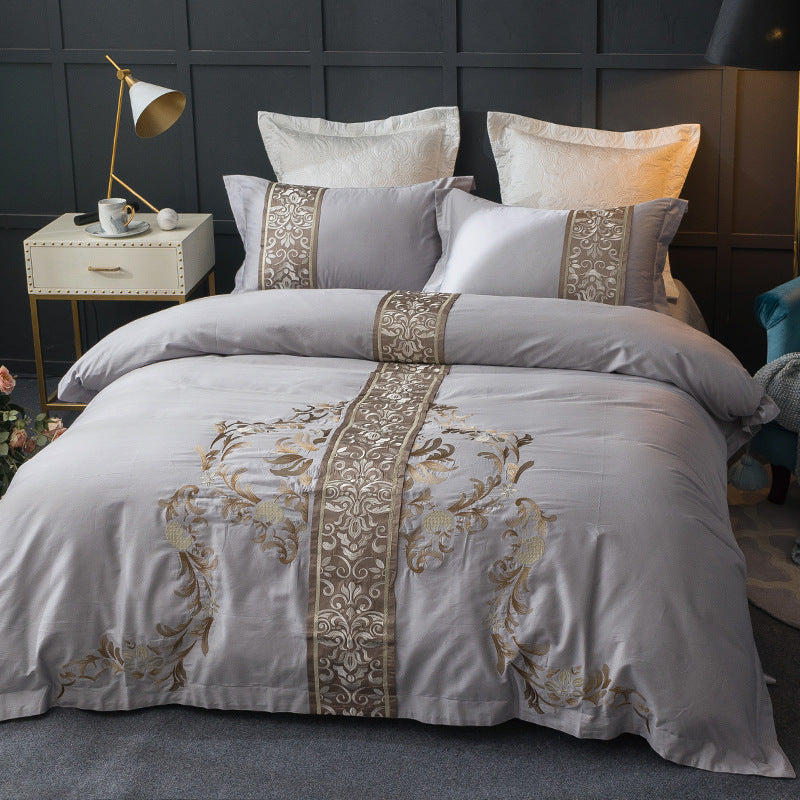 Chinese style Bedding, Light Luxury Cotton Embroidered Grey Series