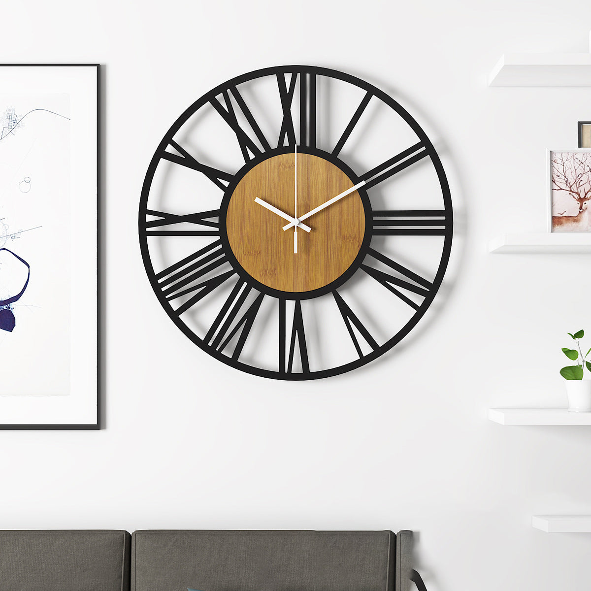 Wall Clock Wood And Black Metal