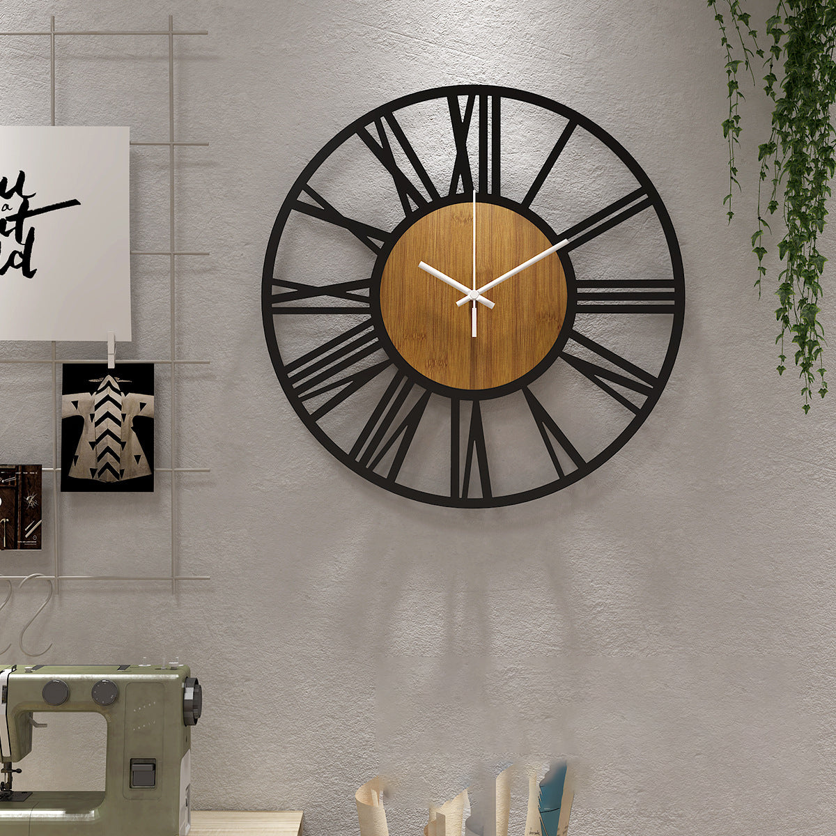 Wall Clock Wood And Black Metal