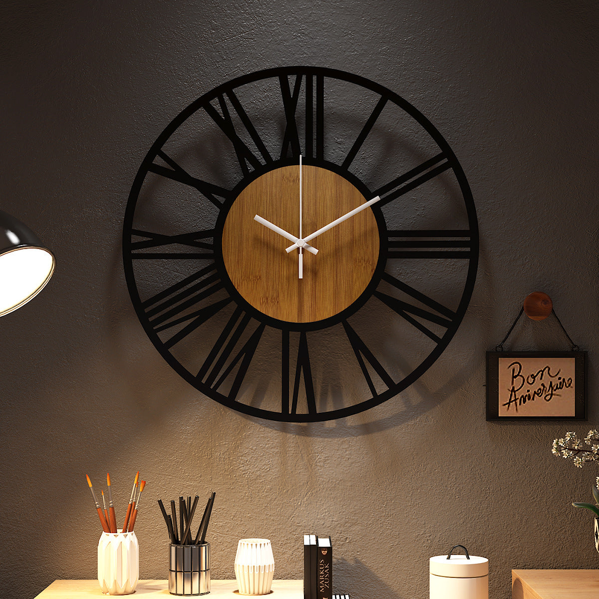 Wall Clock Wood And Black Metal