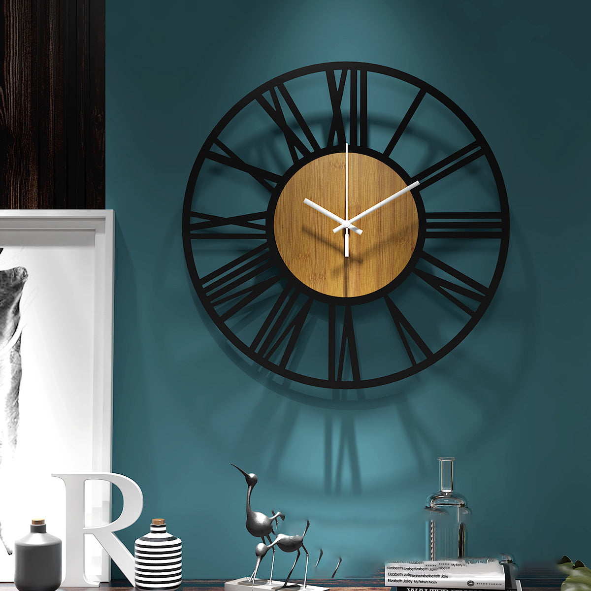 Wall Clock Wood And Black Metal