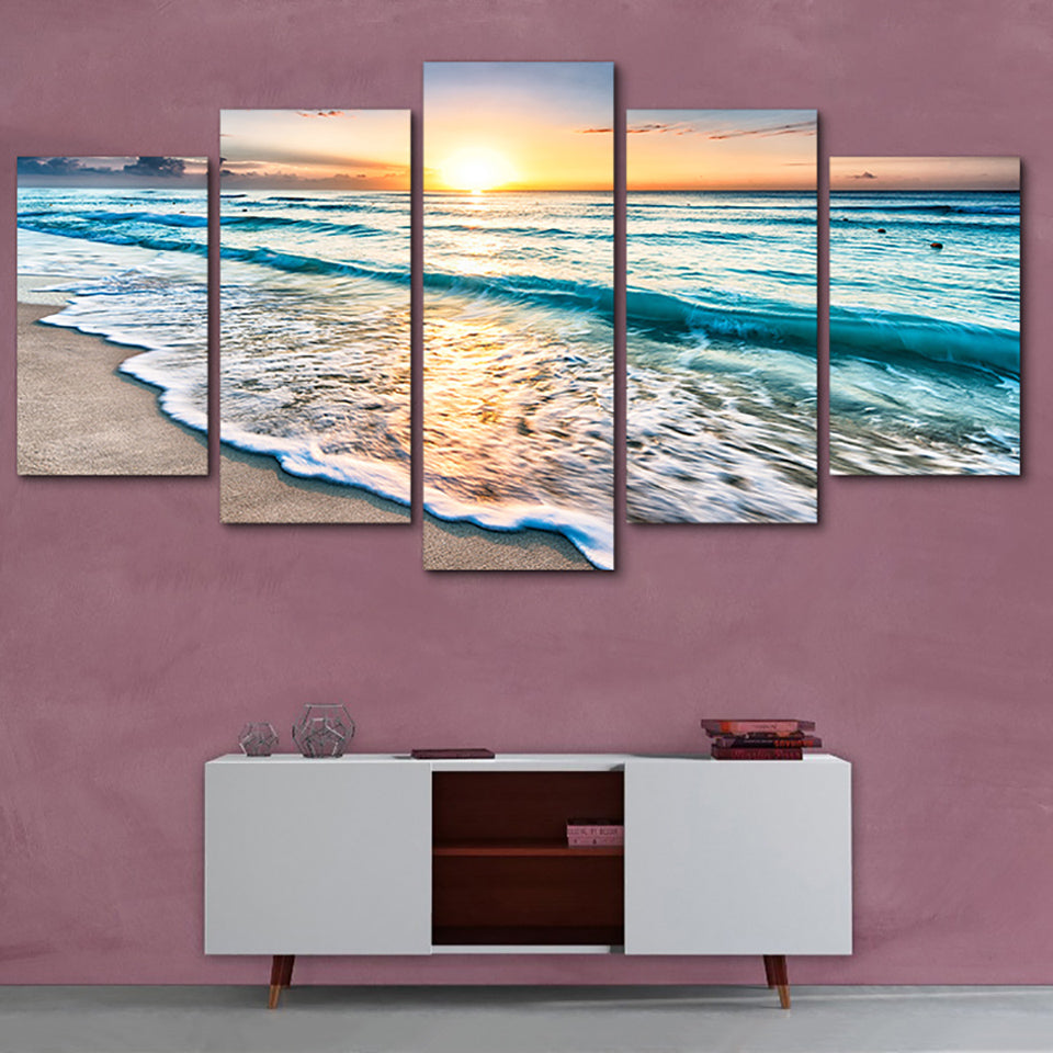 Beach and sunrise 5 piece canvas wall art