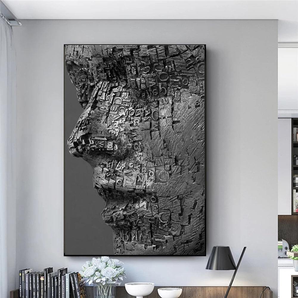 Human Face Canvas Painting Wall Art Composed Of Letters Surrealism Portrait Poster