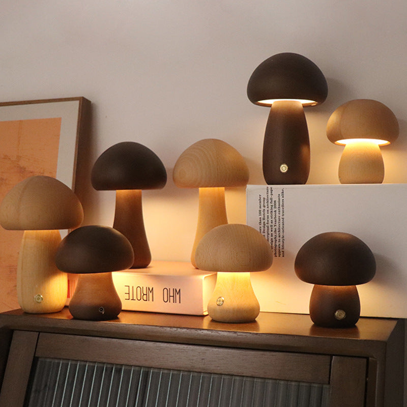 Wooden Mushroom LED Night Light With Touch Switch