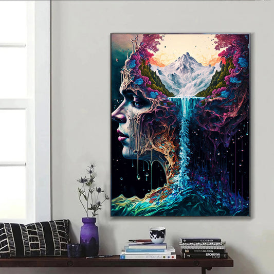 Nature Fantasy Canvas Painting Wall Art Abstract Woman Head And Water Poster