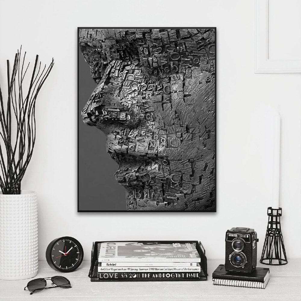 Human Face Canvas Painting Wall Art Composed Of Letters Surrealism Portrait Poster