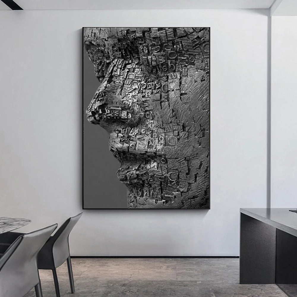 Human Face Canvas Painting Wall Art Composed Of Letters Surrealism Portrait Poster