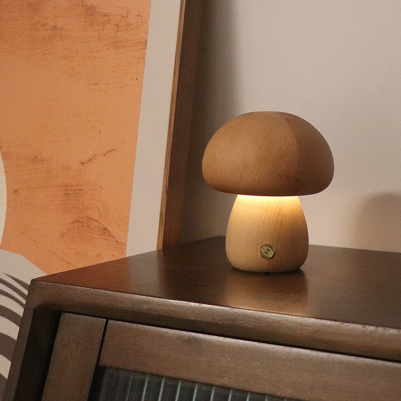 Wooden Mushroom LED Night Light With Touch Switch